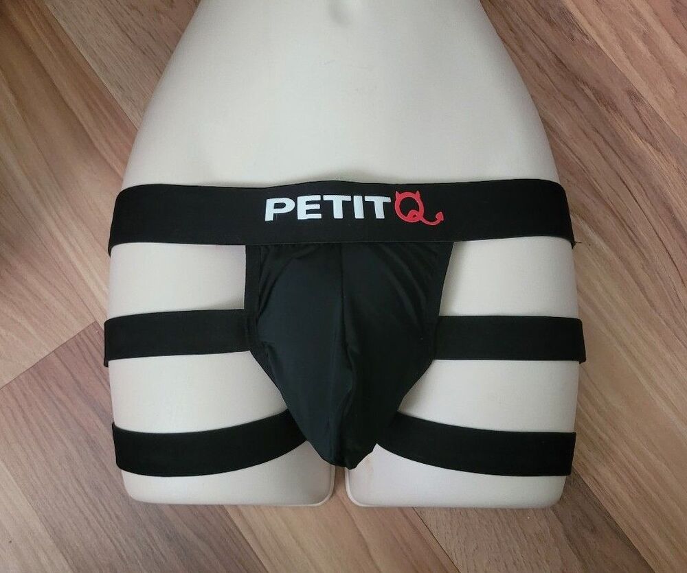 PetitQ Men's Cheeky Underwear Black Straps NWT Large